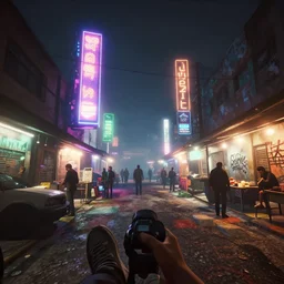 foggy environment night time scene in a urban market in guatemala with bright dramatic colorful lighting and neon advertising and graffiti all over the place with cyberpunk aesthetic and visually like gta v with game of the year edition graphics with bloom and lightshaft, with first person view