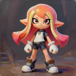 full body girl splatoon nintendo not sexy poses oil painting on canvas, trending on artstation, featured on pixiv, cinematic composition, 8 k