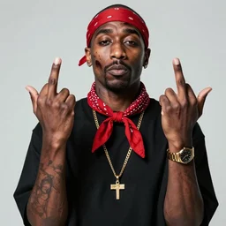 zombie tupac, middle fingers up, red bandana tied to the front, photorealistic, 8 k