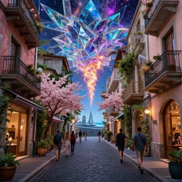 futuristic italian alleyway and side street with cyberpunk people walking on waiʻanapanapa state park black beach during rgb season with interstellar crystalized fractal kaleidoscope glass atmosphere, blazing fire tornadoes, lush sakura, advanced civilization, expensive shops, high tech temples, by peter mohrbacher, james jean, james gilleard, greg rutkowski, rule of thirds, octane render, beautiful