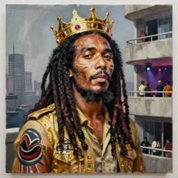 palette knife oil painting portrait of bob marley, a king - with gold crown with rubies, man in mafia wear and australian aboriginal body paint, concrete balcony, nightclub, artstation trending, artgerm, any racial background, deviant art, hipster, octane, substance, art history 8 k