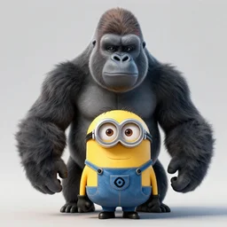 gorilla as gru ( despicable me ), hyperrealistic, concept art, octane render, unreal engine 5, trending on artstation, high quality, highly detailed, 8 k hdr, product photo, centered, minions background, soft lighting, path traced, low contrast, high coherence, symmetrical