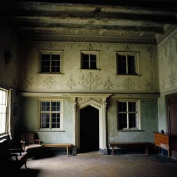 the interior of an old house in devonshire that is probably haunted, delicate embellishments, painterly, offset printing technique, photographed on kodachrome by brom, robert henri, walter popp, cinematic lighting, various refining methods, micro macro autofocus, ultra definition, award winning photo