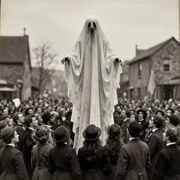 scary unproportionable tall ghost creature in the middle of a crowd, 1900s picture