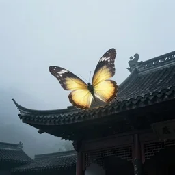 on a foggy morning, cloudy day, a glowing giant butterfly perches on the roof of an ancient chinese building, by craig mullins