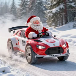 Santa Clause driving a rally car he is going fast there is smoke coming from the tires there is snow on the track you can clearly see Santa Clause driving he is fat and jolly, octane render, realistic lighting, realistic shadows, highly reflective, photo realistic, hyper realistic