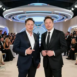 Elon Musk and Nikola together at Met Gala 2039 in Mars Futuristic Speaking to a large crowd in an event