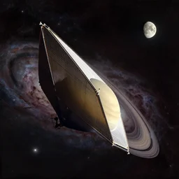 a giant solar sail spacecraf flying away, a quarter of saturn appears in the corner of the paintingnebula, deep space, by john harris.