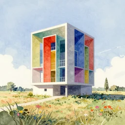 a colorful and extremely beautiful masterpiece watercolor architectural illustration of an isolated structure in an open field in the style of lebbeus woods by rez _ 7 7 7,