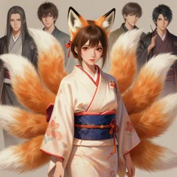 A beautiful realistic anime-style digital painting of a beautiful young woman with fox ears and nine tails wearing a kimono, by Stanley Artgerm Lau, WLOP, Rossdraws, James Jean, Andrei Riabovitchev, Marc Simonetti, and Sakimichan, tranding on artstation, SFW version