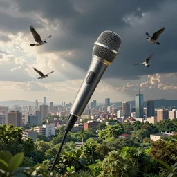 a microphone that is a city floating in the air with birds flying around and a lot of green nature