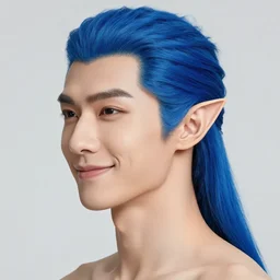 photo of a male with [ [ blue ] ] [ skin ] and elegant smiling chiseled jaw, elf ears, blue hair in a long ponytail with multiple bands, hair is cropped on the sides of the ears, looking sideways, with [ white ] [ background ], 8 k, 8 5 mm f 1. 8