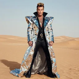 portrait billy idol dressed in fantasy fashion, alexander mcqueen, holographic foil, standing in a desert