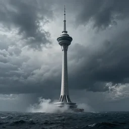 Tower taller than the clouds in the middle of an stormy sea in 24th century, wider at the bottom, realistic photo, concept art