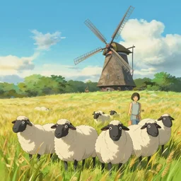 a group of black - headed sheeps in a wheat field in front of a windmill by makoto shinkai and lois van baarle, ilya kuvshinov, rossdraws global illumination