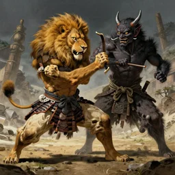 lion samourai fighting a demon, edo period, japan, matte painting concept art, 4k, HDR