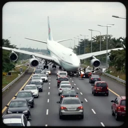 mobile photo of a 7 4 7 plane crashing through traffic on the highway.