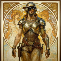 a dieselpunk painting in the style of luis royo, and in the style of charlie bowater, and in the style of alphonse mucha. symmetry, smooth, sharp focus, semi - realism, intricate detail.