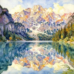 a beautiful insanely intricate watercolor painting of a beatutyful lake with mountain, reflexions, colorfull, by william turner art, by greg rutkowski, by alphonse mucha, by james jean, by rossdraws, by frank franzzeta, by sakimichan, trending on artstation, insanely detailed, masterpiece,