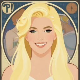 blonde, singer p! nk, art by mucha, happy, portrait, smiling, friendly, bright, clever, knowing, flat colors. champagne, gold, love