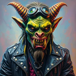 a highly detailed portrait of an apocalyptic demonic orcish goblin biker character, psychedelic vibrant colors, futuristic punk rock fashion, oil painting by michael whelan art, studded leather jacket