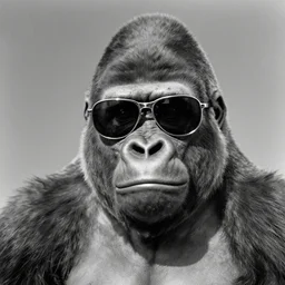 1940s black and white photo of a gorilla wearing sunglasses, vintage