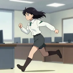 mokoto kusanagi from ghost in the shell running in a government office, digital hand drawing and coloring, simple anime style