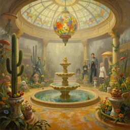 an oil painting by donato giancola, warm coloured, cinematic scifi luxurious futuristic foggy hydroponic victorian garden circular courtyard with bulbous stained glass floral fungi cactus growing out of pretty ceramic baroque fountains, gigantic pillars and flowers, beeple, star wars, ilm, star trek, jim burns, artstation, atmospheric perspective