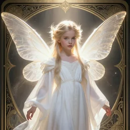 portrait of a ethereal magical winged 1 6 - year - old fairy princess alicia vikander wearing a white robe, d & d, fantasy, intricate, rim light, god rays, volumetric lighting, dark souls, elegant, highly detailed, artstation, concept art, smooth, sharp focus, illustration, art by greg rutkowski, maxfield parrish and alphonse mucha, new art nouveau, tarot card