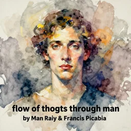 An abstract watercolor painting with a soft color palette titled flow of thoughts through man by Man Ray and Francis Picabia .