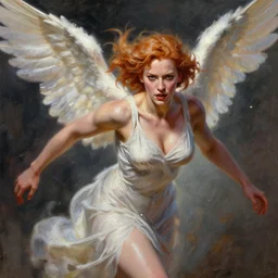 angel, perfectly-centered-painting of Christina Hendricks, sweaty, dynamic action pose, insane, intricate, highly detailed, digital painting, artstation, concept art, smooth, sharp focus, illustration, Unreal Engine 5, 8K, art by artgerm and greg rutkowski and alphonse mucha