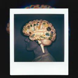 colorful chromatic abberation, 9 0 s toy commercial, double exposure photo from the 7 0 s, polaroid photo of all of the world's botanical knowledge in one brain, cinestill, by zdzislaw beksinski, by georgia o'keefe