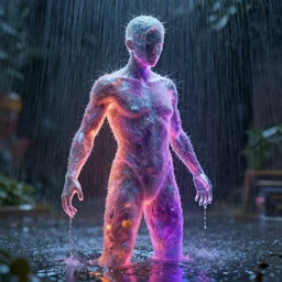 a human sculpture made out of rain, neon, beautiful, rendered in octane, unreal engine, realistic