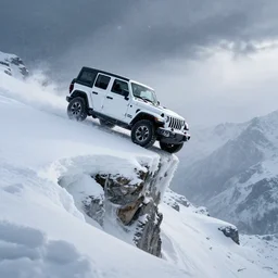 white jeep wrangler driving up snow covered mountain on edge of a cornice, dreamy atmosphere, snowing, dramatic lighting, cinematic, photo realism