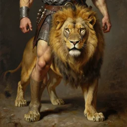 muscular lion as barbarian hunter knight full body with human legs ,very textured detailed oil painting by rembrandt