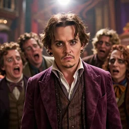johnny depp as a character in willy wonka's chocolate factory movie directed by tim burton, all faces are distorted contorted, shock, repulsion, disgust, annoyance, cinematic still, movie still, long lens, shallow depth of field, bokeh, anamorphic lens flare, 8 k