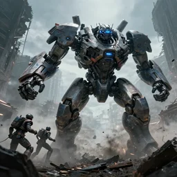 vfx film upward angle, wide angle, futuristic giant powerful sci - fi war mech fight, brawl, knockout punch, haymaker impact, shatter, emerging from smoke and debris in war zone, crumbling buildings, titanfall irl, hawken, pacific rim, flat color profile low - key lighting award winning photography arri alexa cinematography, hyper real photorealistic cinematic, atmospheric cool colorgrade
