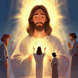 shia labeouf as jesus saying goodbye, fading away, holy rays of spiritual light, worship, pixar style, shaded lighting poster by magali villeneuve, artgerm, jeremy lipkin and michael garmash, rob rey and kentaro miura style, trending on art station