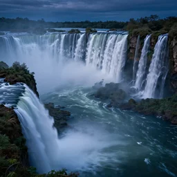 landscape with multiple huge waterfalls, night time, fantasy art, hyperrealistic, octane render, trending on artstation, artstationHD, artstationHQ, unreal engine, 8k