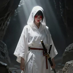 samarai cloaked in white with swords, standing in light beam of a dark cave, ruby red sorrow, high quality, ultra detail, concept art ,artstation