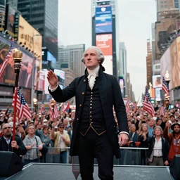 a medium shot of george washington giving a speech in times square with bilboards in the backround and a large crowd carrying american flags and carrying torches by gerard seghers, the denial of st. peter