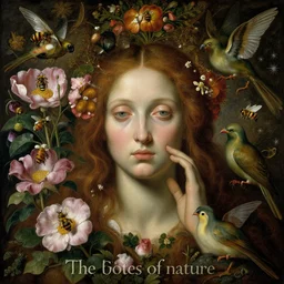 A beautiful detailed existential horror portrait painting 'The Godes of nature' by Giuseppe Arcimboldo, flowers bees and birds everywhere, Trending on cgsociety artstation, 8k, masterpiece.
