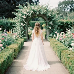 analog photograph of beautiful bride from the back wearing a long flowing wedding dress in stunning garden on a stone pathway with an archway at midday by mark owen. pastel colours. hessian. bokeh. cinematic. hq. detailed. contrast. cinestill 8 0 0 t