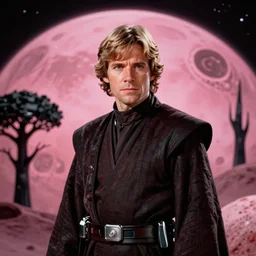 screenshot of Luke Skywalker in dark jedi robe is lost on a surreal pink planet with black trees, minamilist 1970s sci fi film by Stanely Kubrick film, color kodak, Ektachrome, anamorphic lenses, detailed faces, hyper-realistic, photoreal, detailed portrait, moody award winning cinematography, beautiful lighting