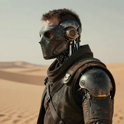 a half - masked rugged mercenary man with cybernetic enhancements lost in the desert, scifi character portrait by greg rutkowski, esuthio, craig mullins, 1 / 4 headshot, cinematic lighting, dystopian scifi gear, gloomy, profile picture, mechanical, half robot, implants, steampunk
