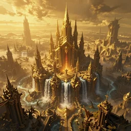 warhammer style, aerial view, golden hour, at the dawn of time, golden lighting, nightmare, in a symbolic and meaningful style, dark fantasy city, waterfall, highly detailed, digital painting, trending on artstation, concept art, sharp focus, illustration, octane render, high detailed, high saturation