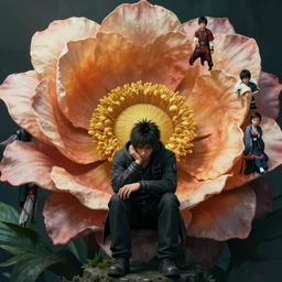 a fancy portrait of a giant flower guarded by a worrier by Greg Rutkowski, Sung Choi, Mitchell Mohrhauser, Maciej Kuciara, Johnson Ting, Maxim Verehin, Peter Konig, final fantasy, Marco lense , 8k photorealistic, cinematic lighting, HD, high details, atmospheric , trending on artstation