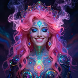 psychedelic [ chemiluminescence ] smiling elegant woman chakra spirit with pink hair smoke and fluid dynamics, colorful, psychedelic, ornate, intricate, digital painting, concept art, smooth, sharp focus, illustration, blacklight reacting, art by artgerm and greg rutkowski