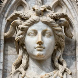 gothic marble cathedral, 2 4 mm architectural shot no decaying lines, with a statue of female medusa long hair, marble statue, beautiful delicate face, macro shot head