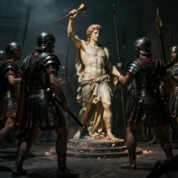 Movie scenes of Roman soldiers in battle with Britannia, in the style of Greg Rutkowski and Michelangelo and Eugène Delacroix, extremely moody lighting, glowing light and shadow, atmospheric, shadowy, cinematic